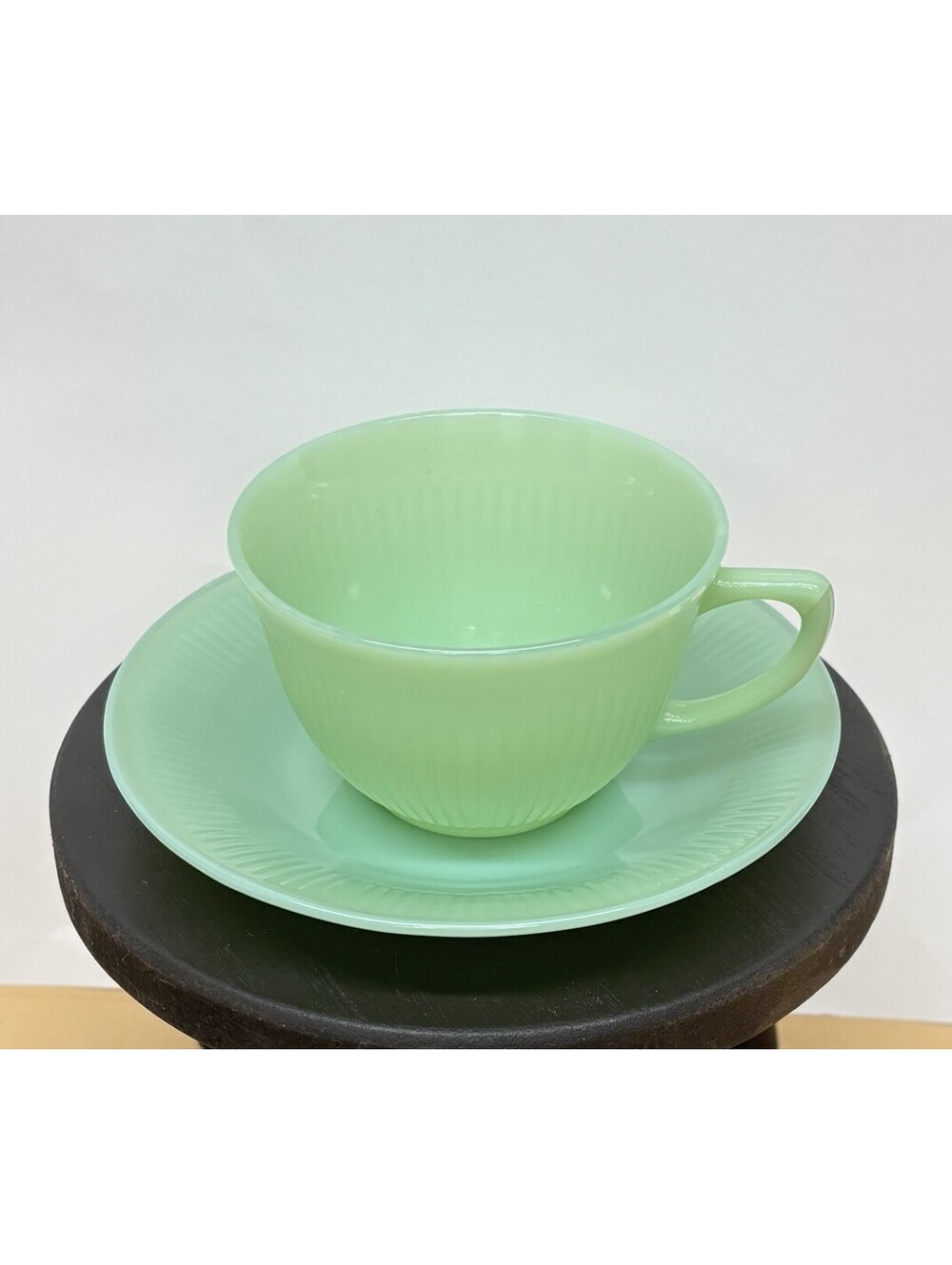 Vintage Fire-King Jadeite Cup & Saucer, Jane Ray Ribbed Green Milk Glass - READ